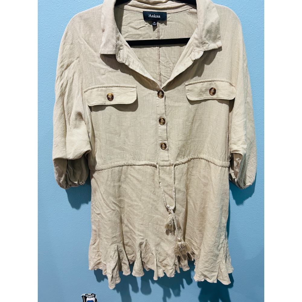 Aakaa Tunic Top Dress Medium Beige Excellent Ruffle Hem Drawstring Woven 3/4 Slv